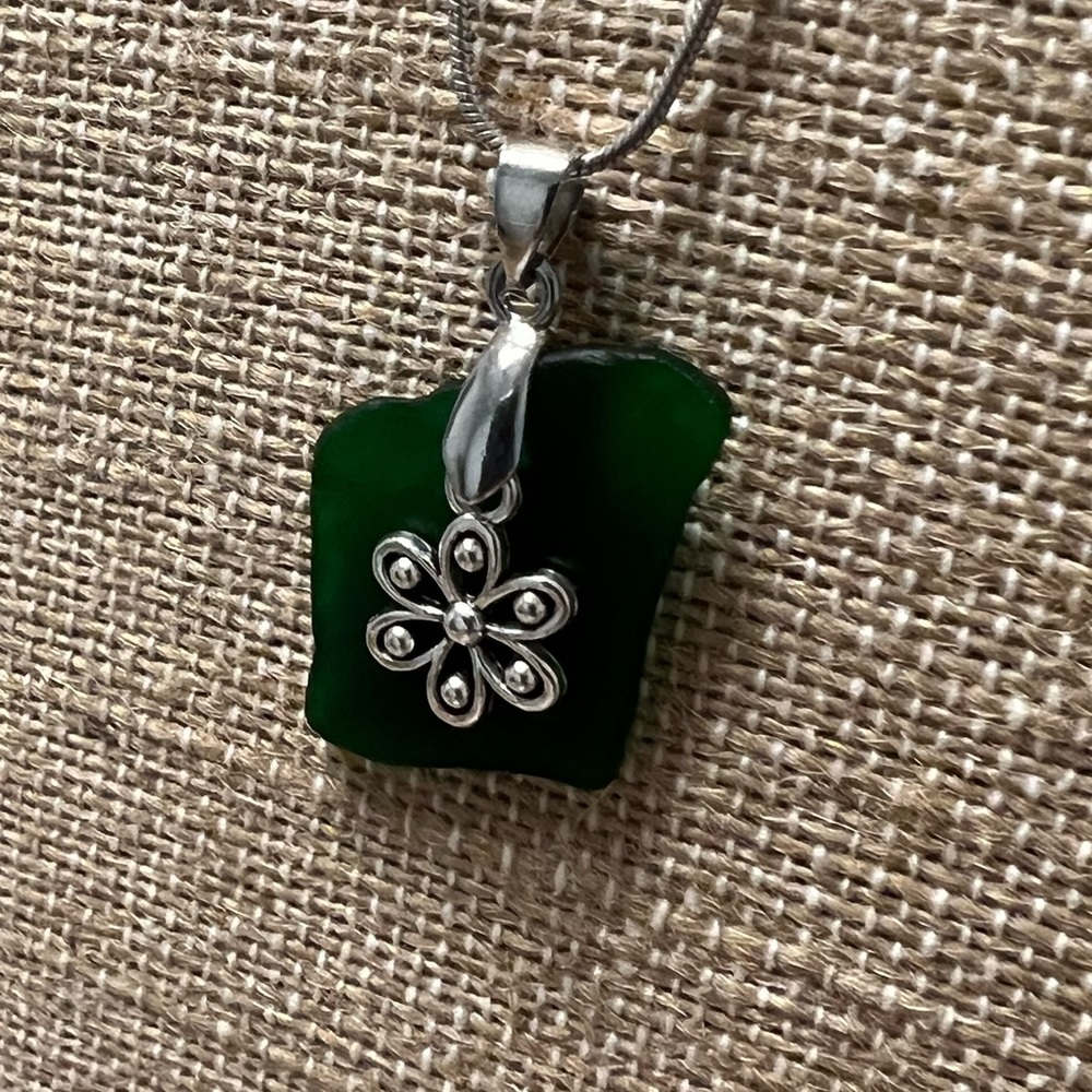 Hand Crafted Green Sea Glass Necklace Pendant with a Silver Flower